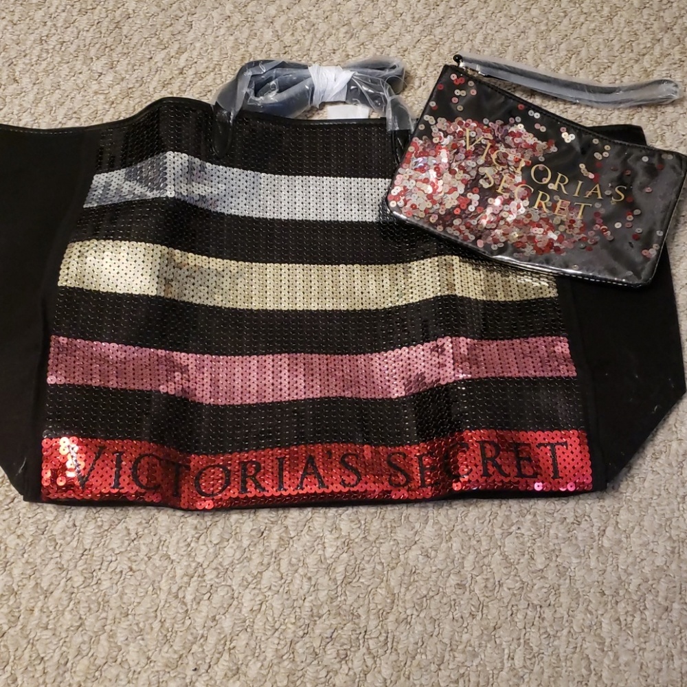 Striped sequin tote and make up bag
